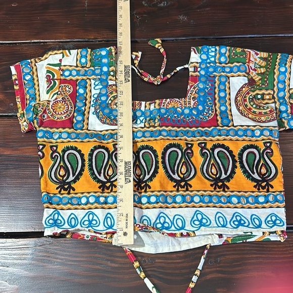 Blue and Yellow Short Sleeve Crop Blouse with Tie Front - Picture 8 of 13